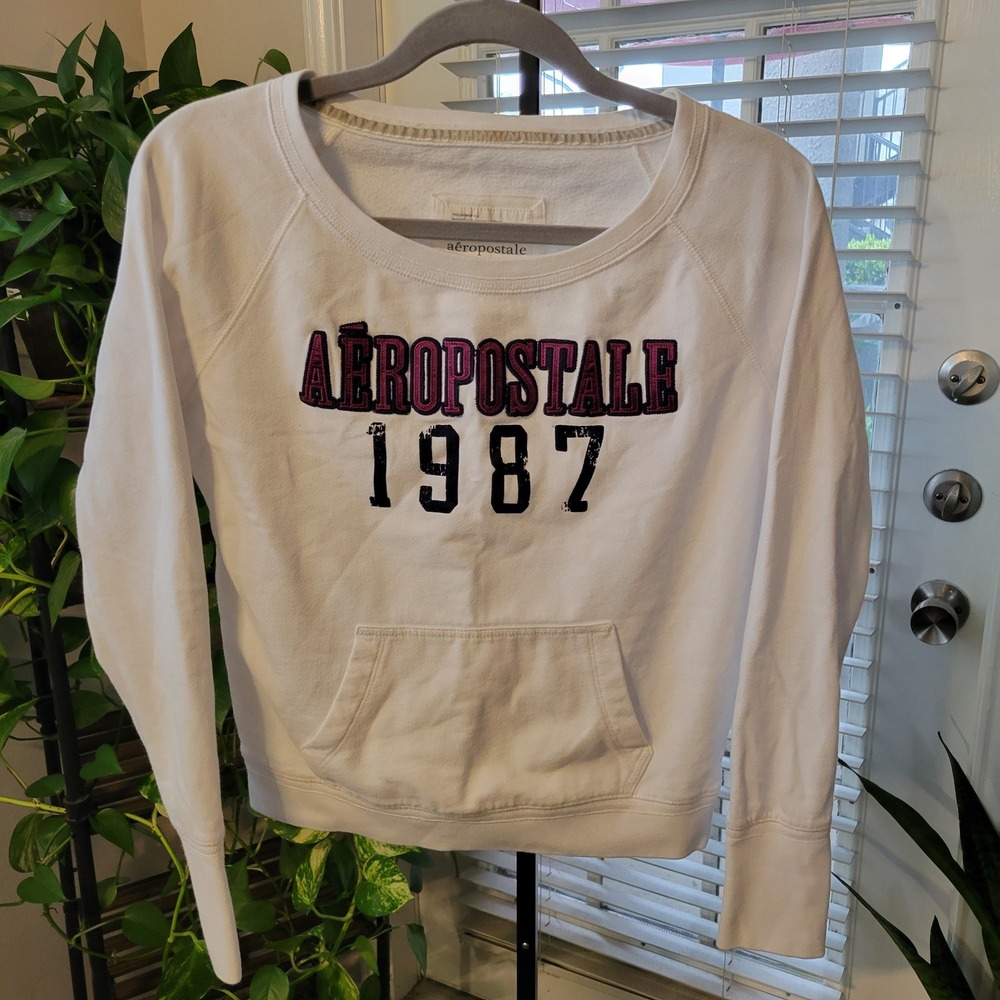 Aeropostale 1987 White Graphic Sweatshirt Raglan Pocket Pullover Med Wide Neck